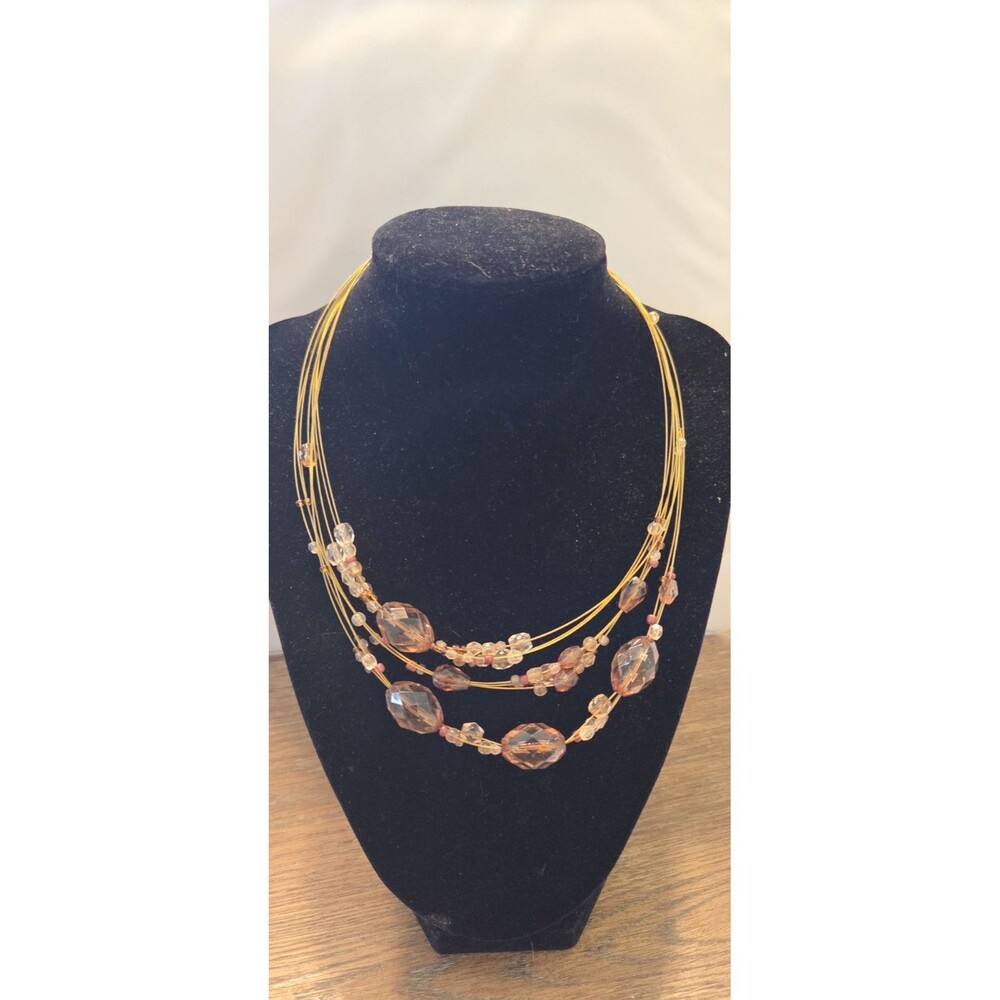 Beautiful Amber & Crystal Tiered Necklace 16" Goldtone Wire Threading Very Light